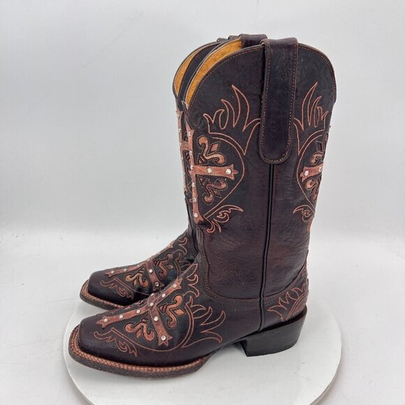 Cavenders Women Size 6.5C Dark Brown Spike Leather Pull On Western Cowboy Boot - Picture 1 of 16
